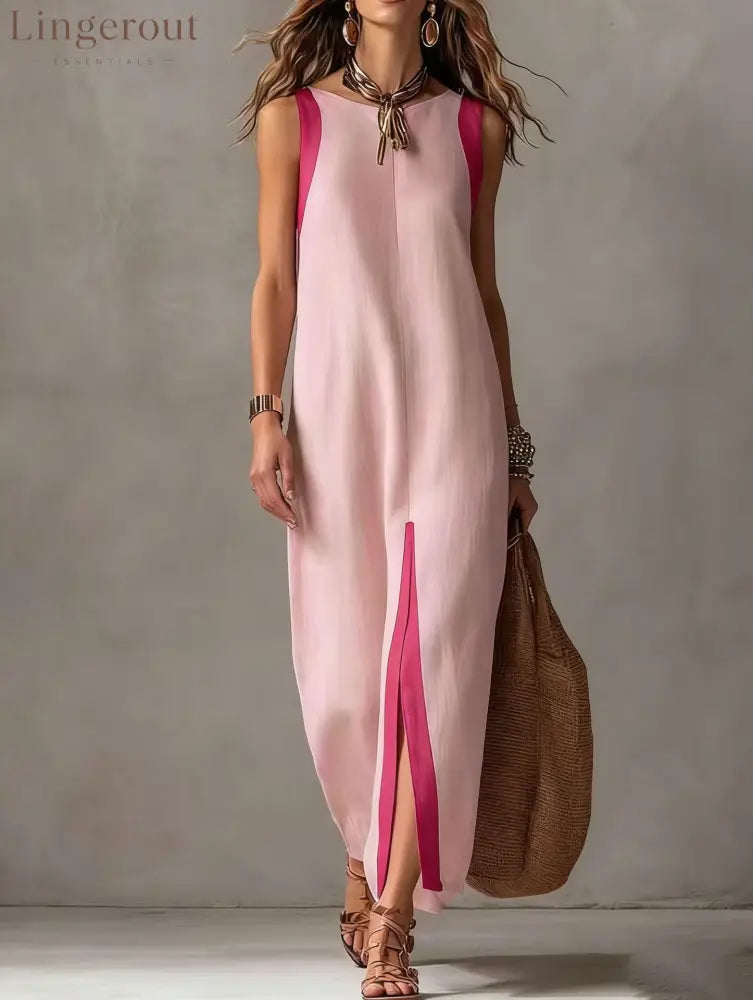 Two-Tone Color Block Sleeveless Straight Midi Dress - Pink / S