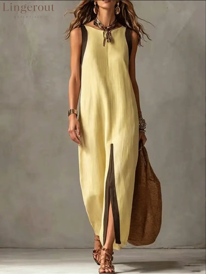 Two-Tone Color Block Sleeveless Straight Midi Dress - Yellow / S