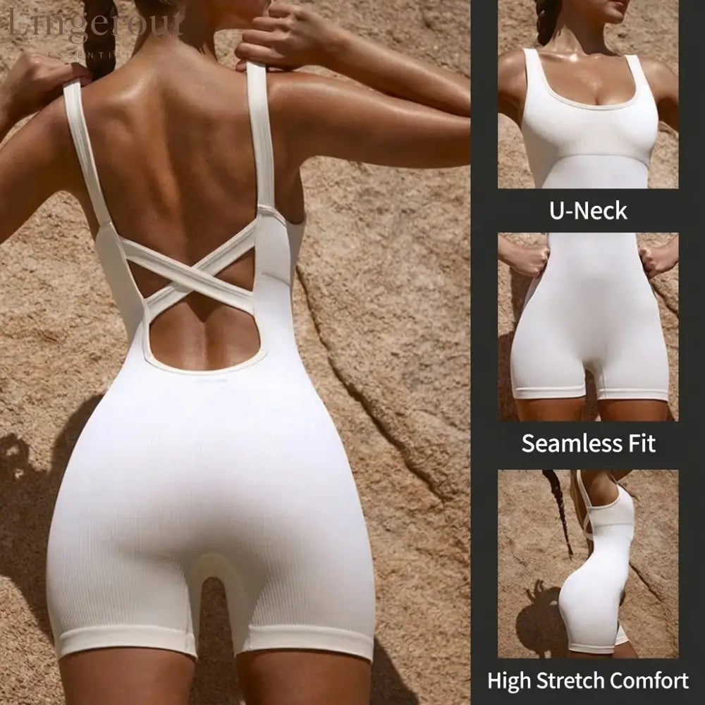 U-Neck Crisscross Back High-Stretch Butt-Lifting Shaping Workout Bodysuit with Removable Bra Pads