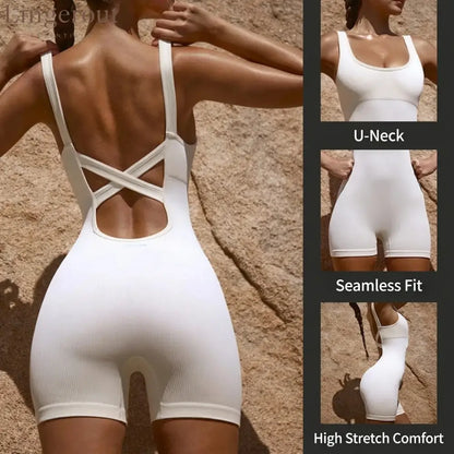 U-Neck Crisscross Back High-Stretch Butt-Lifting Shaping Workout Bodysuit with Removable Bra Pads