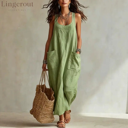 U-Neck Sleeveless Loose Pocket Maxi Dress Casual Flowy Long Dress