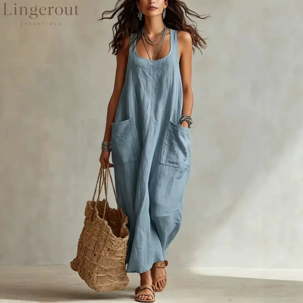 U-Neck Sleeveless Loose Pocket Maxi Dress Casual Flowy Long Dress