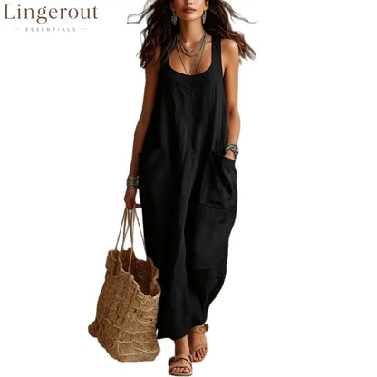 U-Neck Sleeveless Loose Pocket Maxi Dress Casual Flowy Long Dress