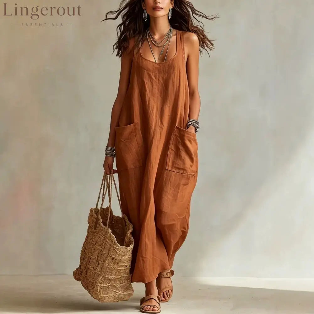 U-Neck Sleeveless Loose Pocket Maxi Dress Casual Flowy Long Dress