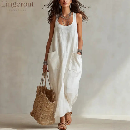 U-Neck Sleeveless Loose Pocket Maxi Dress Casual Flowy Long Dress
