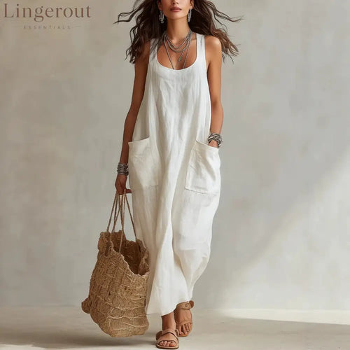 U-Neck Sleeveless Loose Pocket Maxi Dress Casual Flowy Long Dress
