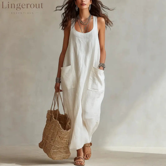 U-Neck Sleeveless Loose Pocket Maxi Dress Casual Flowy Long Dress