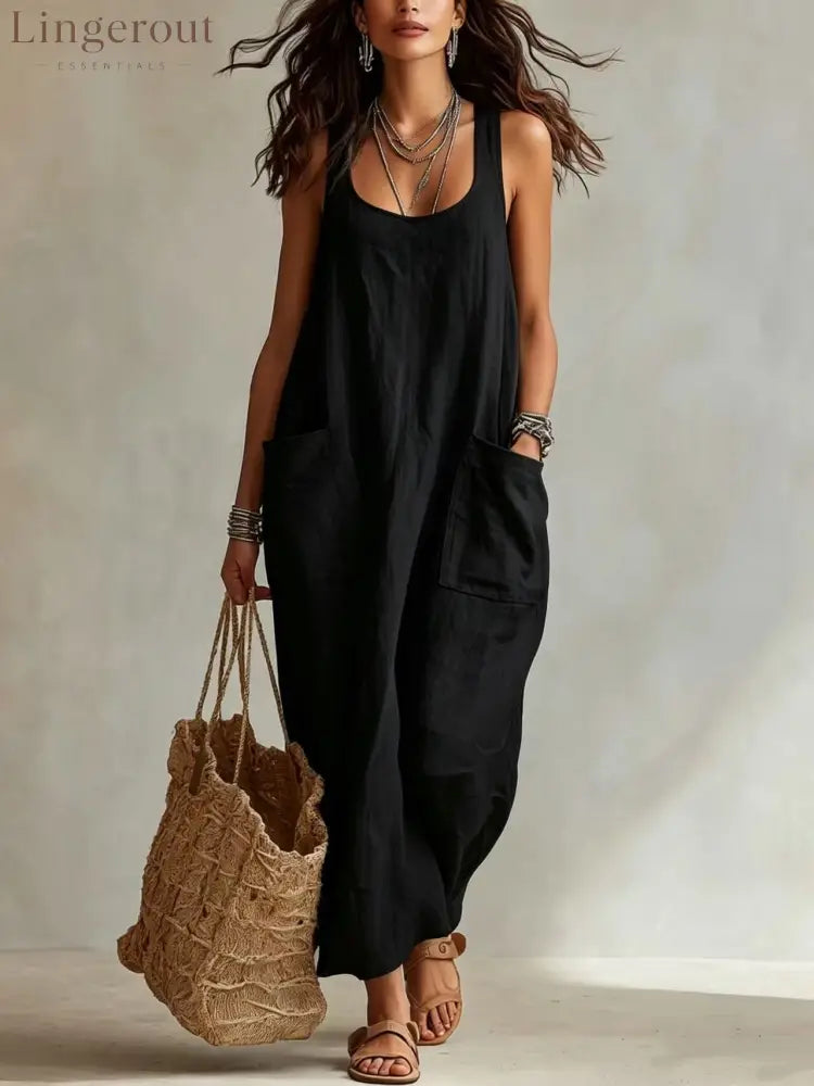 U-Neck Sleeveless Loose Pocket Maxi Dress Casual Flowy Long Dress - Black / XS