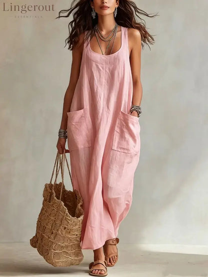 U-Neck Sleeveless Loose Pocket Maxi Dress Casual Flowy Long Dress - Pink / XS