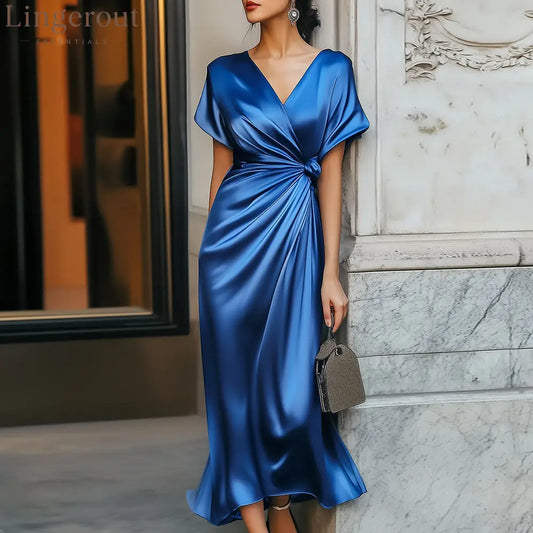 Unique V-Neck Plain Short Sleeve Midi Dress - Blue / S