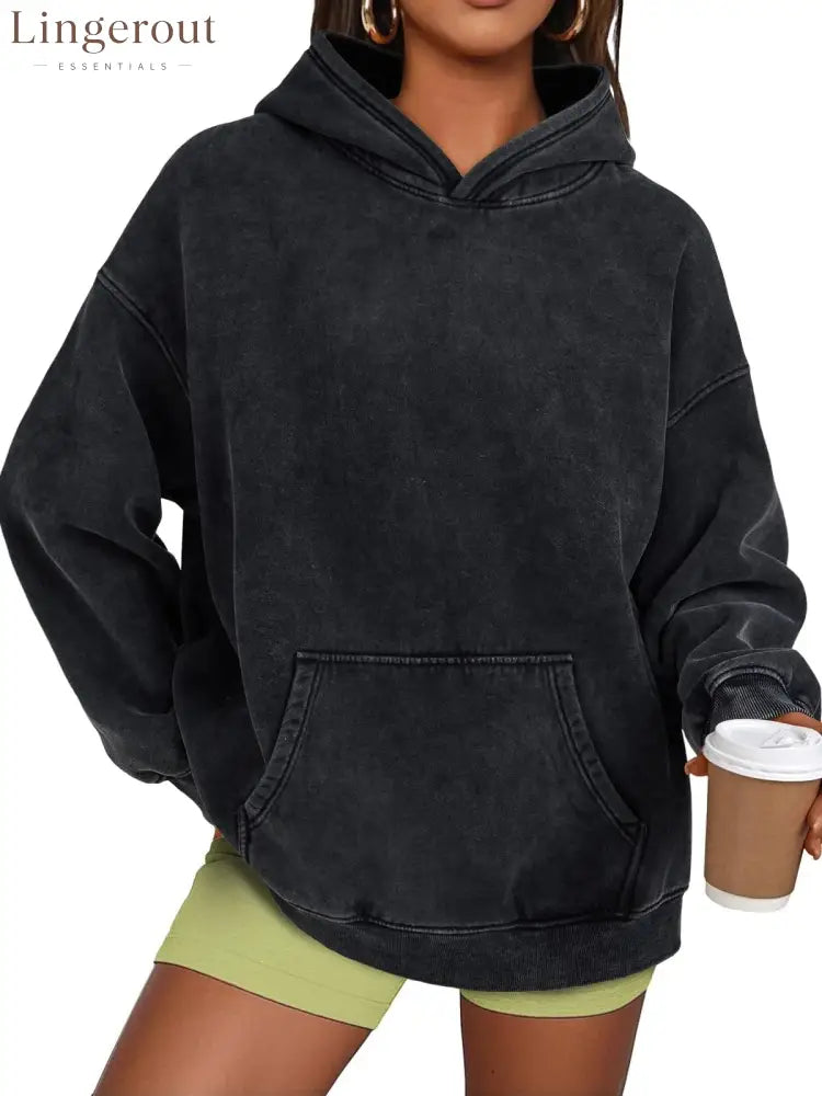 Unisex Casual Oversized Acid Wash Tops Hoodie Pullover - Black / S