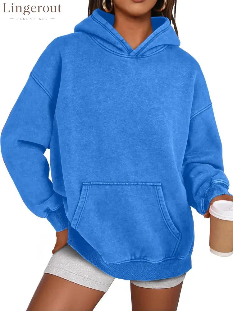 Unisex Casual Oversized Acid Wash Tops Hoodie Pullover - Blue / S