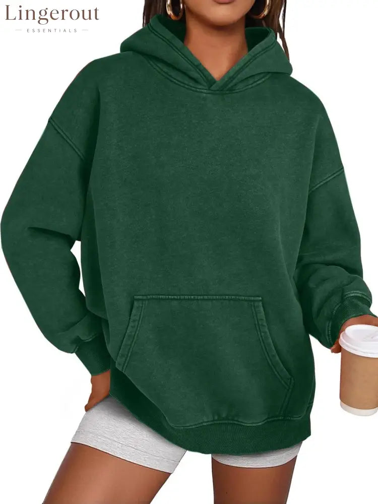Unisex Casual Oversized Acid Wash Tops Hoodie Pullover - Dark Green / S