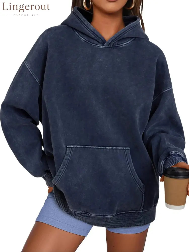 Unisex Casual Oversized Acid Wash Tops Hoodie Pullover - Navy / S