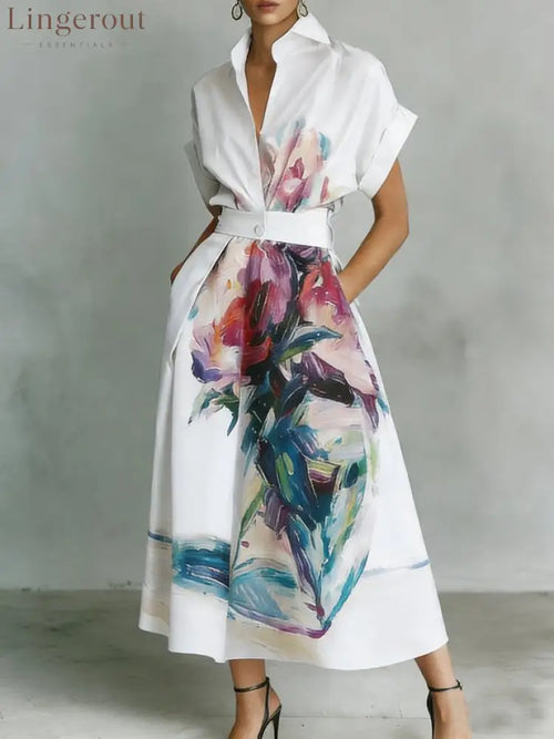 Urban Floral Printing Shirt Collar Midi Dress - White / S