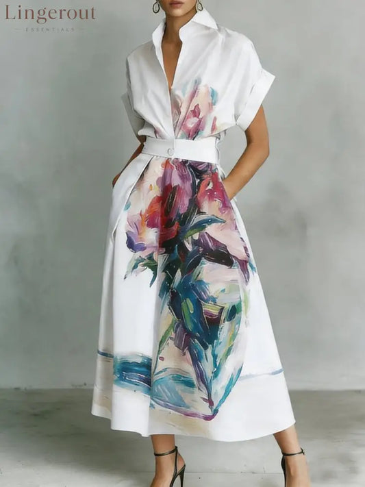 Urban Floral Printing Shirt Collar Midi Dress - White / S