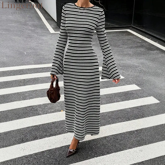 Urban Monochrome Striped Knit Maxi Dress Statement Bell Sleeve Slim‑Fit Long Party Dinner Dress