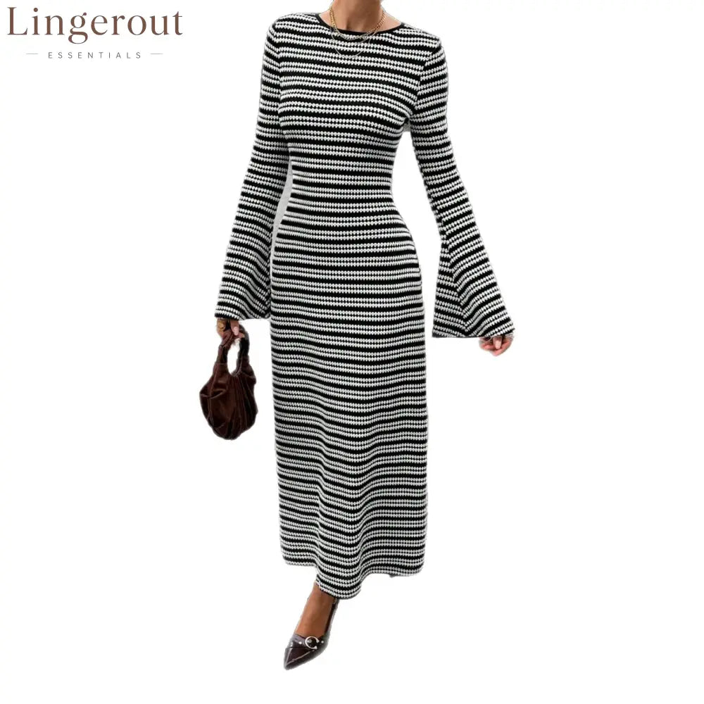 Urban Monochrome Striped Knit Maxi Dress Statement Bell Sleeve Slim‑Fit Long Party Dinner Dress