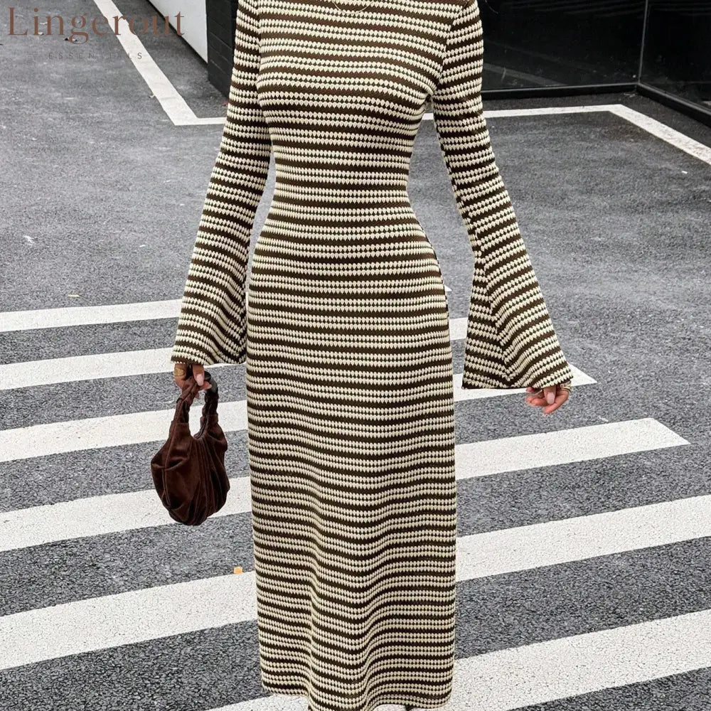 Urban Monochrome Striped Knit Maxi Dress Statement Bell Sleeve Slim‑Fit Long Party Dinner Dress
