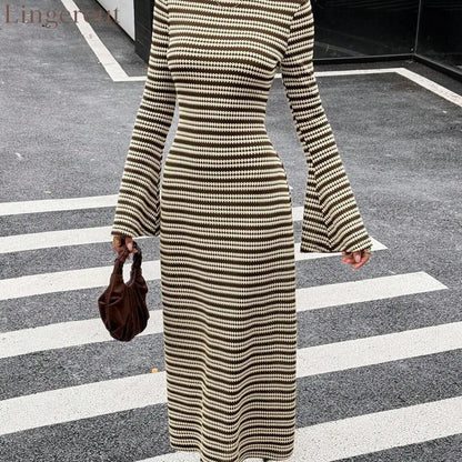 Urban Monochrome Striped Knit Maxi Dress Statement Bell Sleeve Slim‑Fit Long Party Dinner Dress