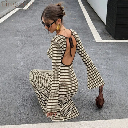 Urban Monochrome Striped Knit Maxi Dress Statement Bell Sleeve Slim‑Fit Long Party Dinner Dress