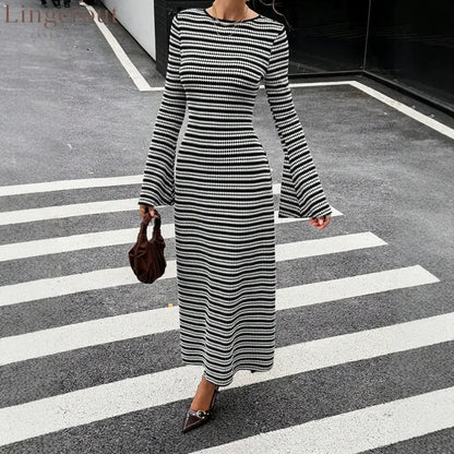 Urban Monochrome Striped Knit Maxi Dress Statement Bell Sleeve Slim‑Fit Long Party Dinner Dress - black / S