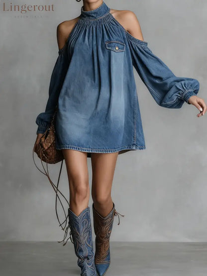 Urban Plain Stand Collar Mini Denim Dress - Denim Blue / S(4-6)