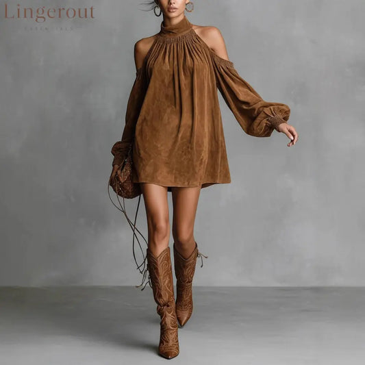 Urban Plain Stand Collar Mini Denim Dress - Brown / S(4-6)