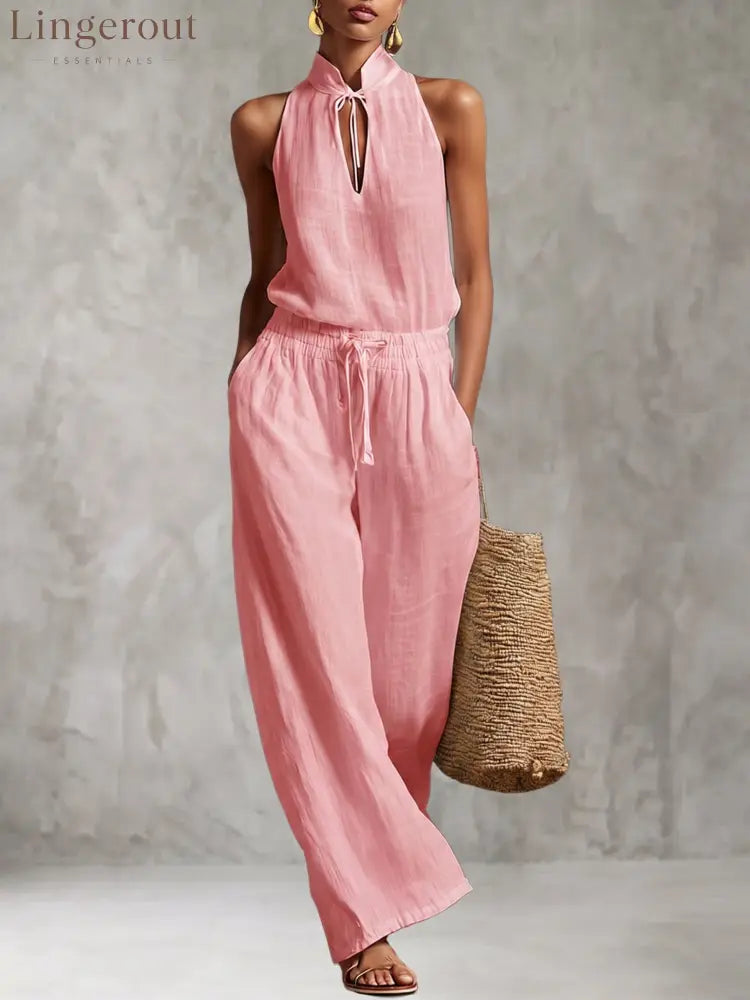 Urban Style Cotton And Linen Top And Wide-leg Pants Set - Pink / S