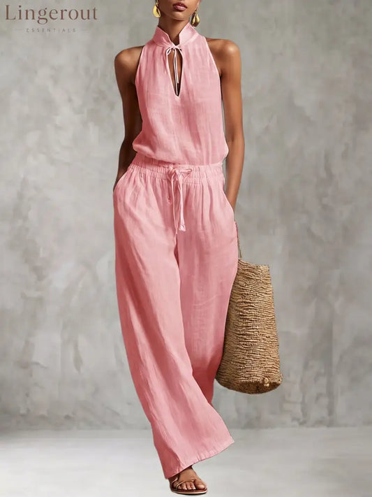 Urban Style Cotton And Linen Top And Wide-leg Pants Set - Pink / S