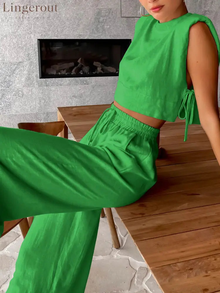Utility Linen Two Piece Wide Leg Pants Set - Green / XS