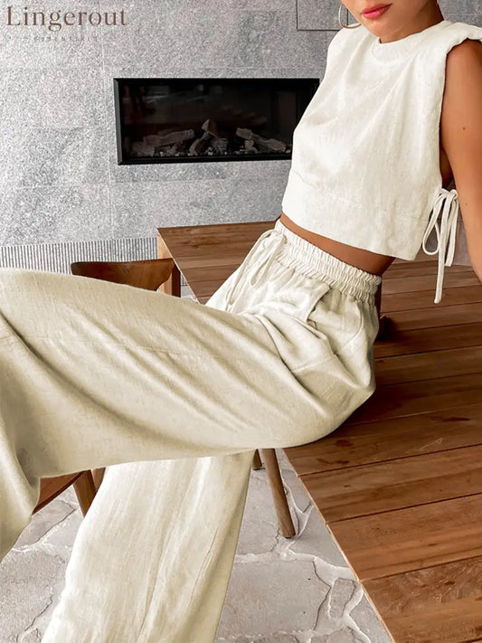 Utility Linen Two Piece Wide Leg Pants Set - Khaki / XS