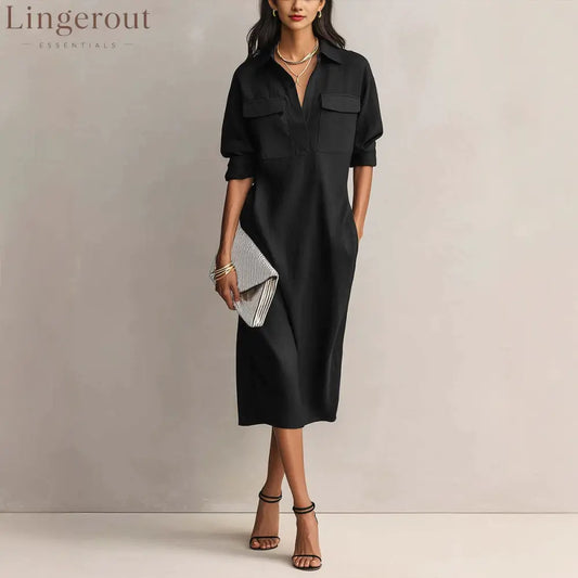Utility Pocket Half Placket Midi Shirt Dress - Black / S