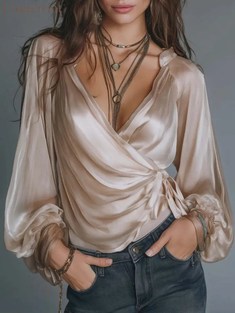 V-Neck Balloon Sleeve Tie Waist Elegant Top - Champagne gold / S