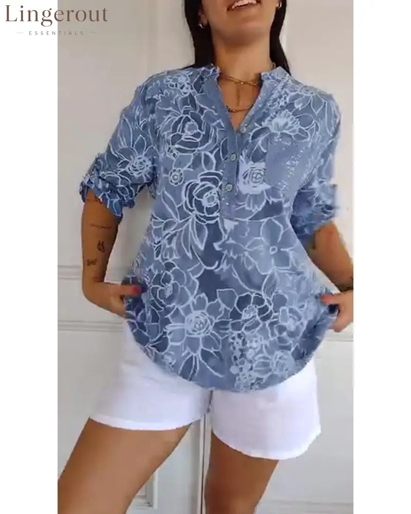 V-Neck Button-Down Printed Blouse