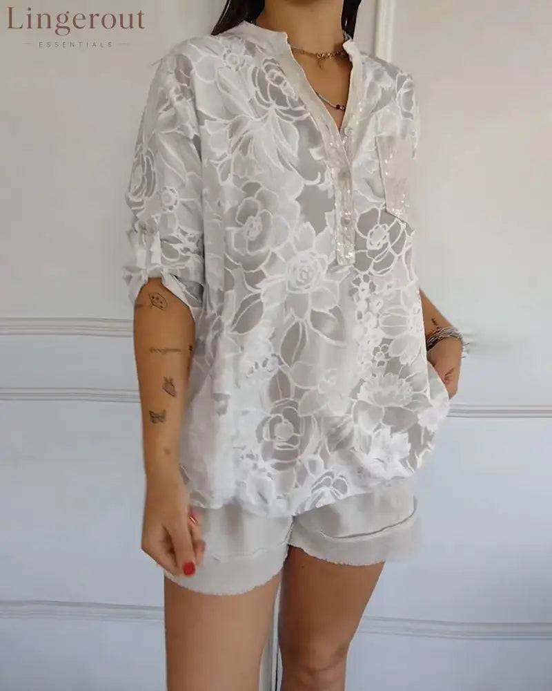 V-Neck Button-Down Printed Blouse
