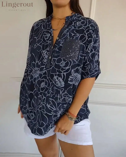 V-Neck Button-Down Printed Blouse