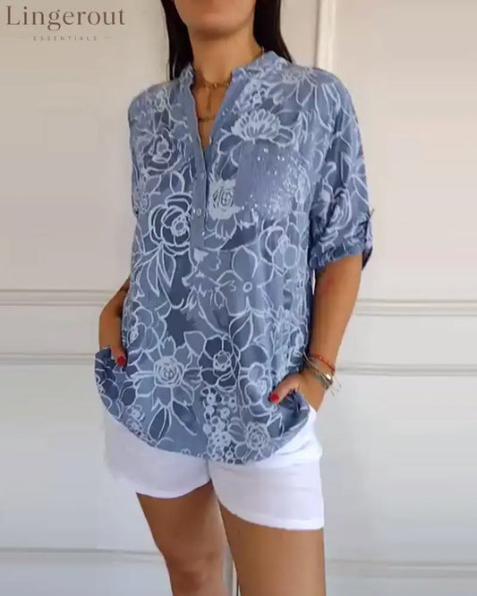 V-Neck Button-Down Printed Blouse - Blue / S