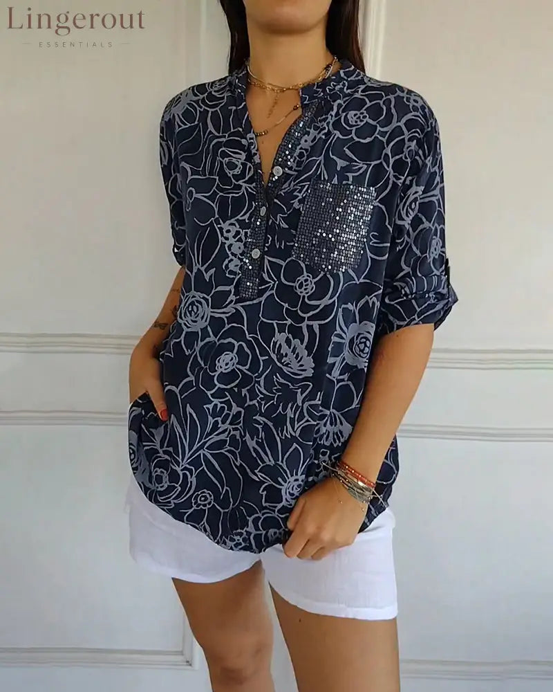 V-Neck Button-Down Printed Blouse - Navy Blue / S