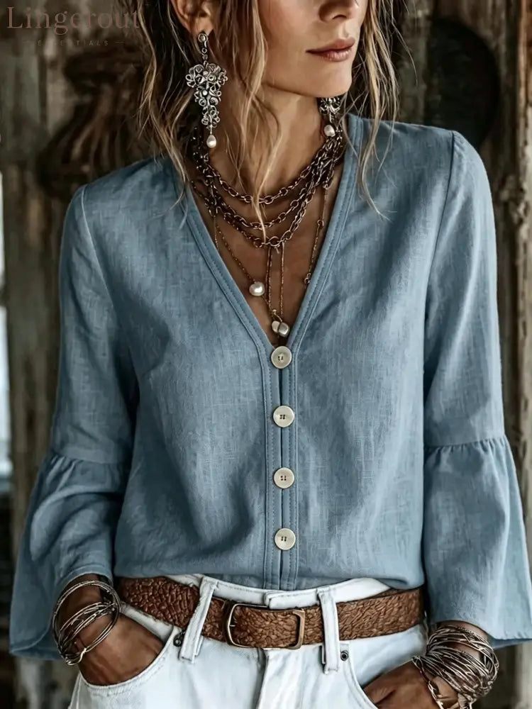 V-Neck Button-Front Bell Sleeve Blouse