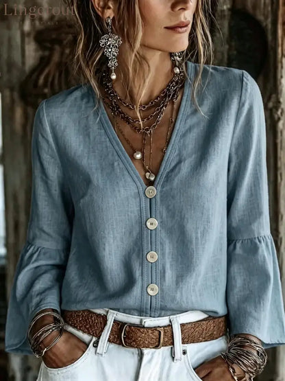 V-Neck Button-Front Bell Sleeve Blouse
