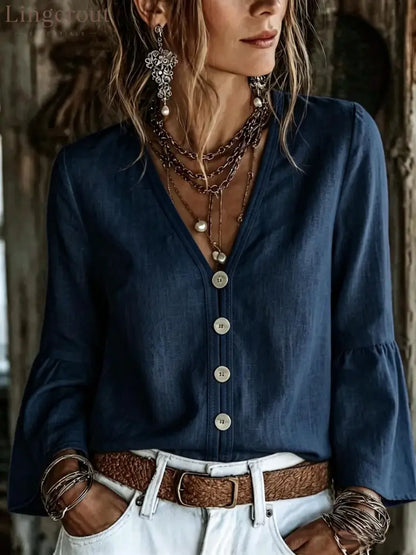 V-Neck Button-Front Bell Sleeve Blouse