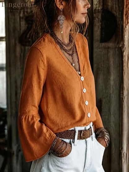V-Neck Button-Front Bell Sleeve Blouse