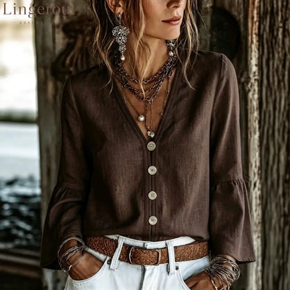 V-Neck Button-Front Bell Sleeve Blouse - Coffee / S