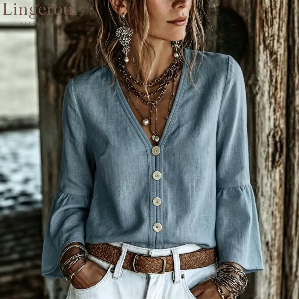 V-Neck Button-Front Bell Sleeve Blouse - Misty blue / S