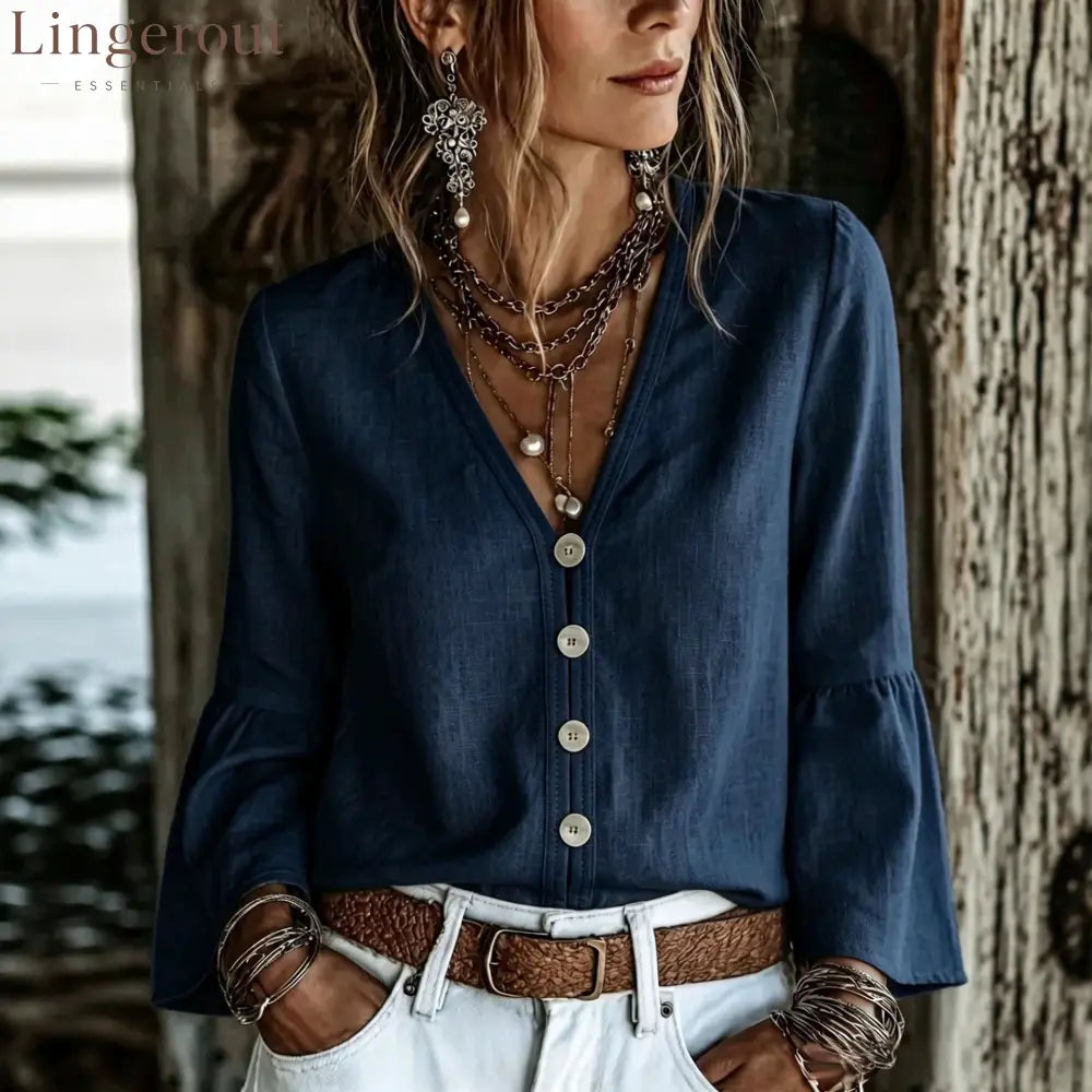 V-Neck Button-Front Bell Sleeve Blouse - Navy blue / S