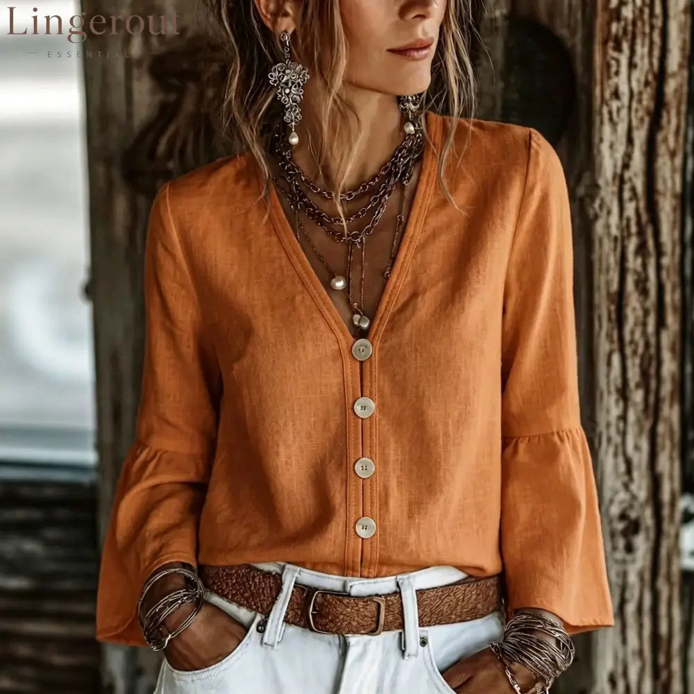 V-Neck Button-Front Bell Sleeve Blouse - Orange / S