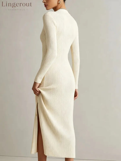 V‑Neck Button Front Ribbed Knit Slit Midi Dress