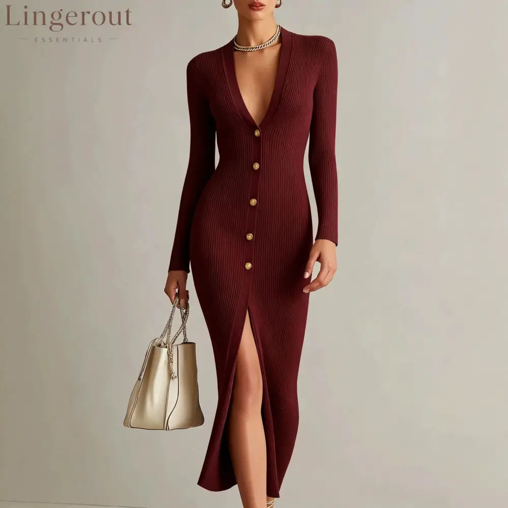 V‑Neck Button Front Ribbed Knit Slit Midi Dress - Burgundy / XS