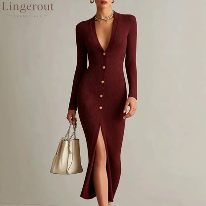 V‑Neck Button Front Ribbed Knit Slit Midi Dress - Burgundy / XS